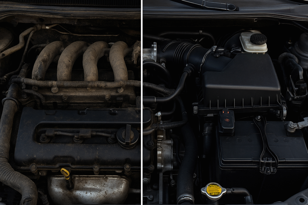 Baie moteur avec à gauche un moteur négligé et à droite un moteur très propre.