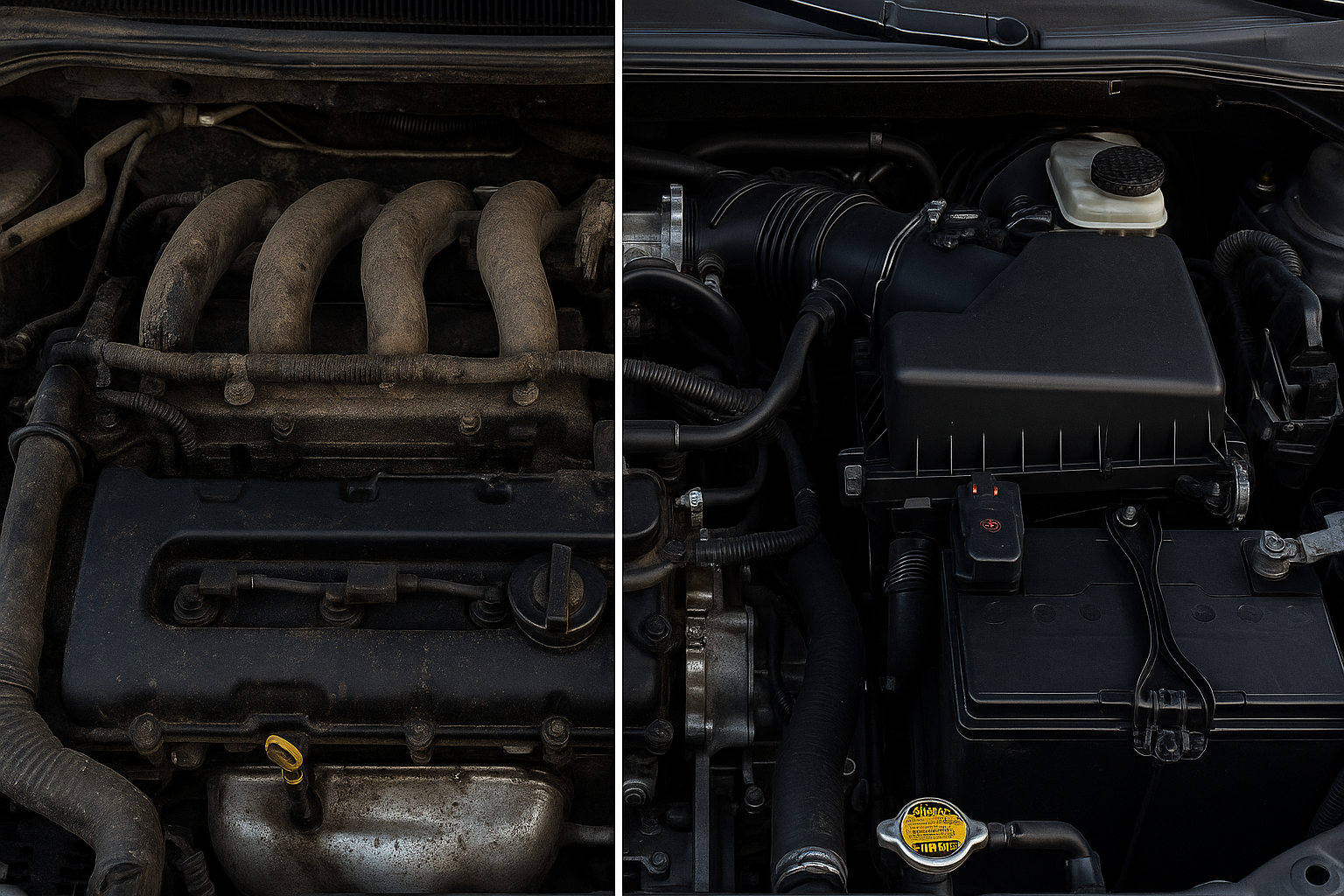 Baie moteur avec à gauche un moteur négligé et à droite un moteur très propre.